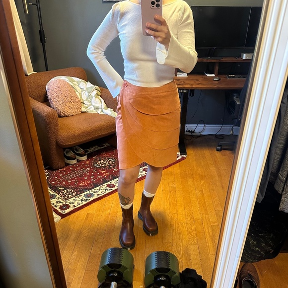 Vintage Retro Orange Tiered Suede Leather Knee Length Wrap Skirt Sz Small - Picture 8 of 9